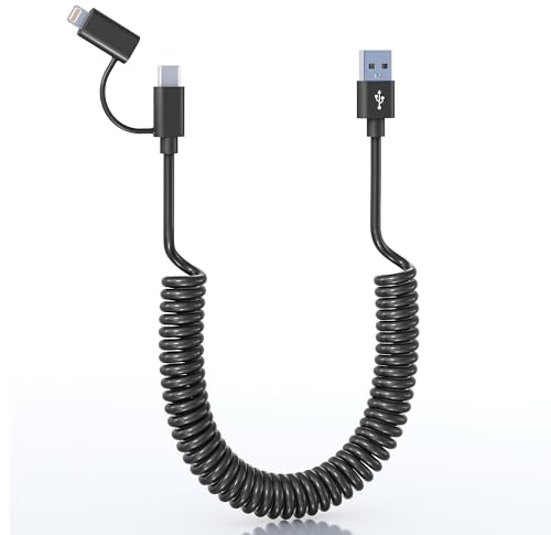 USB C and Lightning Cable 2 in 1 Dual Cable - 3A Fast Charging & Data Sync Apple CarPlay & Android Auto Coiled Short Durable Anti-Tangle iPhone Android Charger Cord Combo Lightning/Type C/USB A, 5FT