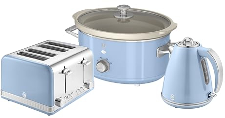 Swan Retro Kitchen Set, 1.5L Fast Boil Kettle & 4 Slice Toaster & 3.5L Slow Cooker, Blue, SK19020BLN, ST19020BLN, SF17021BLN