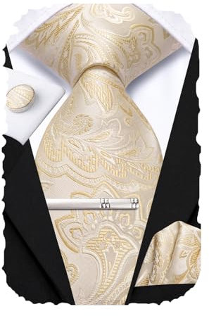 Hi-Tie Klassisches Herren-Krawatten-Set aus Seide, Einstecktuch, Manschettenknöpfe, Clip, solide Streifen, Paisley-Krawatte, 4-teilig, Elfenbeinfarben/Beige, M
