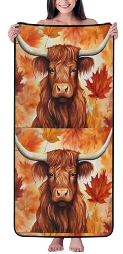 YsoLda Toallas de Playa, Toalla de baño de Terciopelo Coral, Toalla de Piscina para baño, Viajes, SPA, Gimnasio,Vaca de Las Tierras Altas de la Hoja de Arce