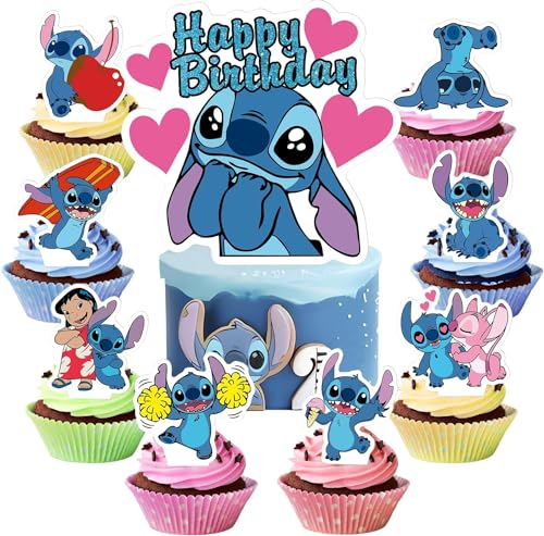 25 Stück Blue Kuchen Deko,Deko Geburtstag Mädchen Stitck Geburtstagsdeko Jungen Mädchen Cartoons Kuchen Topper Set für Birthday Party Dekoration Blue cartoon Cake Toppers zum Kinder