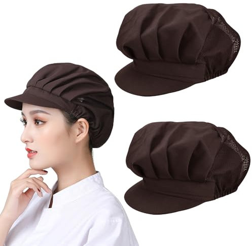 DECARETA 2 Gorros de Chef con Malla Transpirable Gorro de Chef Elástico Ajustable de 58 cm a 62 cm Gorro de Cocina para Hombres Mujeres para Restaurante Bar Cocina Café (Color Café)
