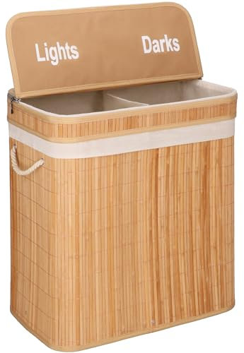 SPRINGOS Panier à linge en bambou avec couvercle, 2 compartiments, pliable, poignées de transport, 100 l, HA0155
