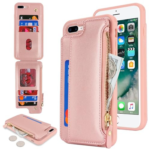 SailorTech Etui pour iPhone 7 Plus Étui avec Porte-Cartes de crédit, Housse pour iPhone 8 Plus Étui à Fermeture éclair Portefeuille avec Fentes pour Cartes de crédit-Or Rose