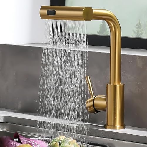AIMADI Wasserhahn Küche Ausziehbar Gold Küchenarmatur mit Brause 3 Strahlarte Hochdruck Armatur Küche 360° Schwenkbar Spültischarmatur Mischbatterie Küche aus Edelstahl