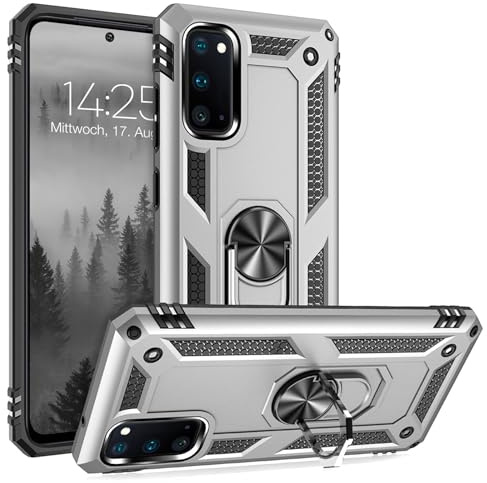 LBH Outdoor Hülle für Samsung Galaxy S20 Armor Militär Stoßfest Handyhülle 360 Grad Metal Ring Halter Ständer Schutzhülle für Handyhalterung Auto Magnet Silber
