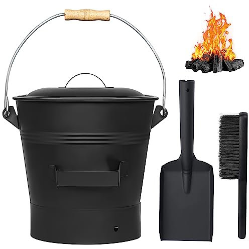 Ascheeimer mit Deckel, 10 Liter Holzkohle Kohleeimer Set mit Schaufel und Handbesen, Werkzeugset Zubehör für Kamin, Feuerstelle, Holzofen, Ascheschaufel mit Deckel für Kamin und Grill Kehrset, Schwarz
