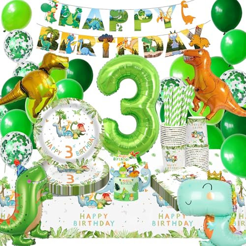 HLEIUKT Vajilla para Fiesta de Dinosaurio, Decorativas de Cumpleaños 3 Anni, Dinosaurio Globos de 3 Números, Juego de Vajilla Fiesta Globos Dinosaurio para Cumpleaños 3 Anni Fiesta(16 Invitado)