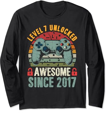 Level 7 Unlocked Awesome Since 2017 Gamer Boy 7th Birthday Long Sleeve T-Shirt