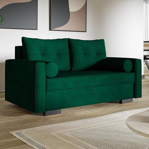 MOTIVENA Vienna 2 Sitzer Sofa mit Schlaffunktion, Schlafsofa 160 cm Breit, Sofa 2 Sitzer, 2er Sofa, Sofa Klein, Keine Couch, Schlafsofa 2 Sitzer, Taschenfederkern (H3), Samt Sofa Grün (Dunkelgrün)