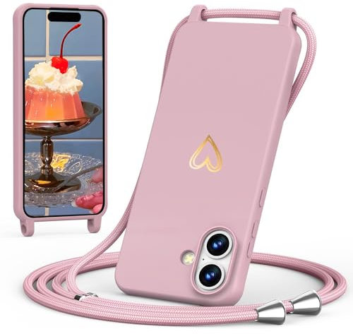 CaseLover Handyband kompatibel mit iPhone 16 Hülle mit Band, Herz Muster Silikon Necklace Handyhülle mit Abnehmbar Kordel zum Umhängen Stossfest Bumper Schutzhülle kompatibel mit iPhone 16, Pink
