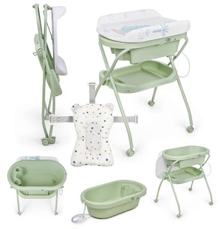 MS BabyWorld Bubble + Réducteur – Baignoire ergonomique pour bébé avec pieds et matelas à langer imperméable et rembourré – Fermeture compacte, organiseur, 4 roulettes avec freins