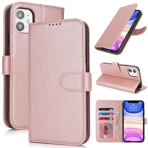 Zouzt Case for iPhone 11 (6.1 Inch), Premium PU Leather Wallet Case with Credit Card Holder Slot Flip Folio Kickstand Shockproof Protective Phone Cover (Rose Gold)