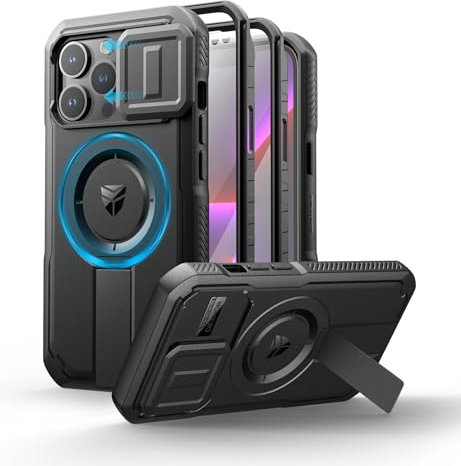 Dexnor for iPhone 13 Pro Magnetic Case With Slide Camera Cover & Adjustable Kickstand & Built-in Screen Protector, Rugged Shockproof Bumper Cases Heavy-duty Cover - Night Black