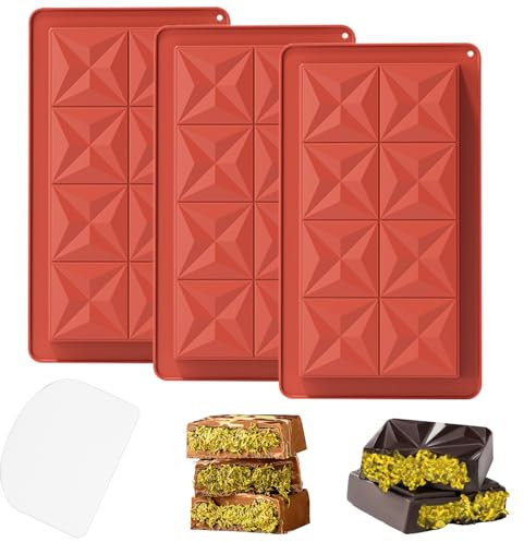 YXHZVON Moule Tablette Chocolat Profond, Lot de 3 Moule à Tablette de Chocolat avec 1 Grattoir, Anti Adhési Moule Silicone Chocolat Pour les Bonbons, les Gelées, les Chocolat Pistache