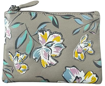 Mala Leather Zinnia Ladies RFID Purse – Genuine Leather Card & Coin Zip Pouch with Floral Appliqué (Grey)