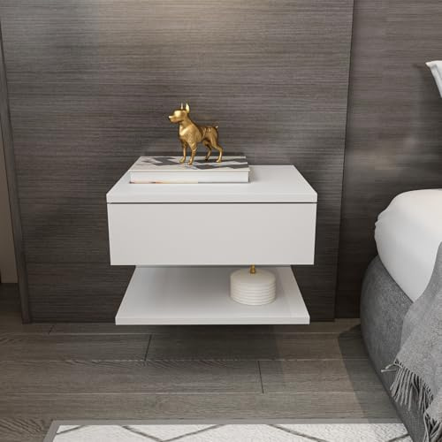 DECOROTIKA Vivid Floating Bedside Table Nighstand One Drawer and One Open Shelf | Wall Mounted (White)