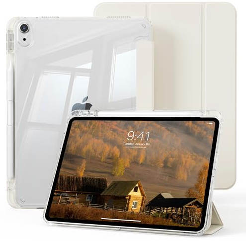 KVTVOU Case for iPad Air 11'' M4 M3 M2, iPad Air 5th/4th Gen, CreamWhite | Clear PC Back, Ultrathin Shockproof Case for iPad Air 11 2026 2025 2024, Auto Sleep/Wake, Pencil Holder, Support Touch ID