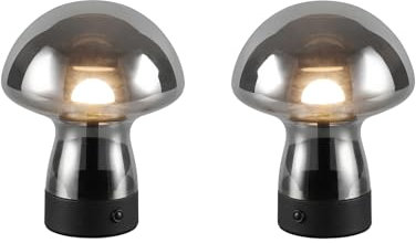 meineWunschleuchte Lot de 2 lampes de table sans fil en forme de champignon en verre fumé, hauteur 18 cm
