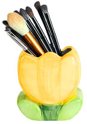 Pot à Crayon en Ceramique, Pot pour Pinceau de Maquillage, Petit Pot Pinceaux Maquillage Porte Stylo Bureau Design Vase a Fleur pour Stylos, Maison, Bureau DéCoratif (Jaune, 11.3L x 12.2H x 6.9W cm)