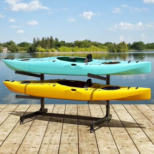 Baotree 2 Levels Heavy Duty Freestanding Kayak Storage Rack with Lockable Wheels, Adjustable Metal Stand for 2 Kayaks, Canoes, SUPs, Paddleboards & Surfboards, Indoor & Outdoor Use