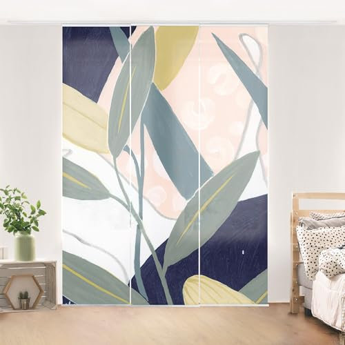 micasia Schiebegardine halbtransparent 60er Paneel Klett Muster Textil lichtdurchlässig - Pflanzen Tropisch Flächenvorhang gelb Wohnzimmer Schlafzimmer 2511 (180x250 cm - 3er Set)