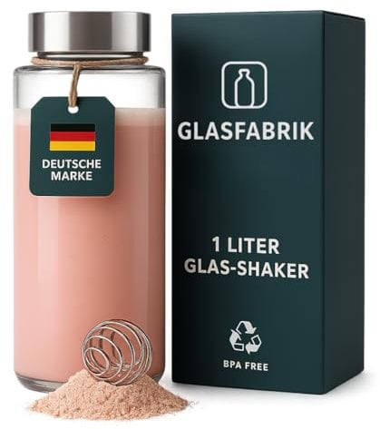 GLASFABRIK® Shaker protéiné en verre de qualité supérieure - Bouteille en verre sans BPA - 1 litre - Avec boule en acier inoxydable - Shaker à protéines durable en verre - Goût neutre et anti-fuite