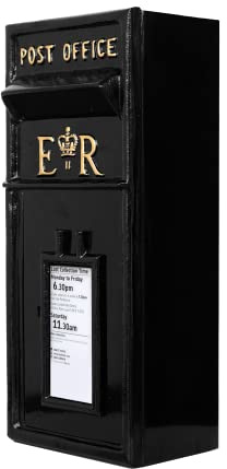 Assorted Collections Traditional ER Post Box - Wall Mounted Black Post Office Box with Lock & 2 Keys - Cast Iron - Classic British Style Letterbox - 24W x 17D x 57H cm (Black)