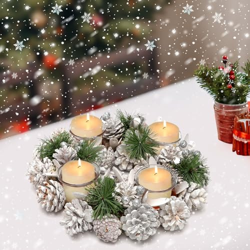 RANJIMA Kerzenhalter Adventskranz aus Holz, Kerzenständer Teelichthalter für Weihnachten und Herbst, Adventskerzenhalter, Kerzenhalter Weihnachtsdeko Adventsgesteck Modern Deko Tisch Wohnzimmer