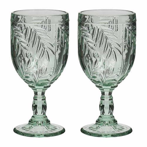 Dibor Wine Goblets Set of 2 Palm Leaf Embossed Green Glassware Set | Dishwasher Safe, Embossed, Coloured Glass, Leaf Embossed, Drinking Glasses, Glassware Set