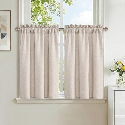 DWCN Küchengardinen Sandfarbe Scheibengardinen Modern Vorhänge H90xB60cm | Kurz Leinen Gardinen mit Stangendurchzug für Bistrogardine Schrankvorhang Wohnzimmer Fenstervorhänge Landhausstil 2 Stück