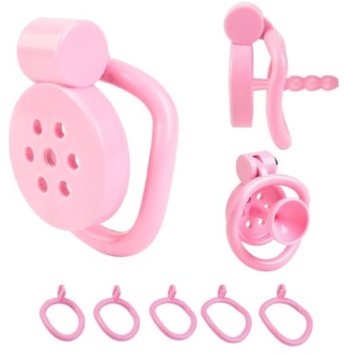 Pink Flat Chastity Cage,Small Chastity Cage Male Chastity Device 5 Sizes Removable Cock Rings
