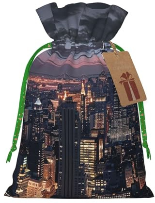 New York Bedruckte Weihnachtsbeutel mit Kordelzug für Party, Weihnachten, Geschenkverpackung, grünes Weihnachtsband, S