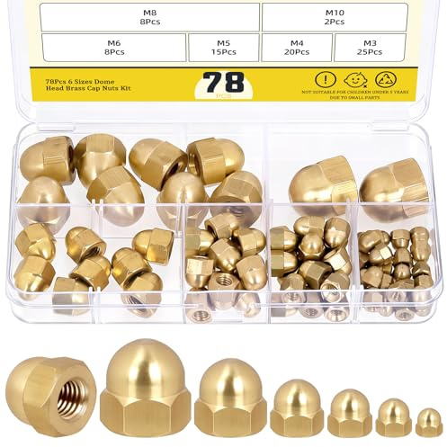 Mardatt 78Pcs M3 M4 M5 M6 M8 M10 Brass Acorn Nuts, Metric Hex Acorn Cap Nuts Assortment Kit, Dome Head for Indoor & Outdoor Use