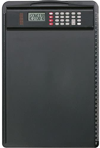 Alassio 0085 - Klemmbrett aus Kunststoff, schwarz, ca. 35 x 23 cm, Brett mit Klemme, Anlegeschiene und abnehmbaren Taschenrechner