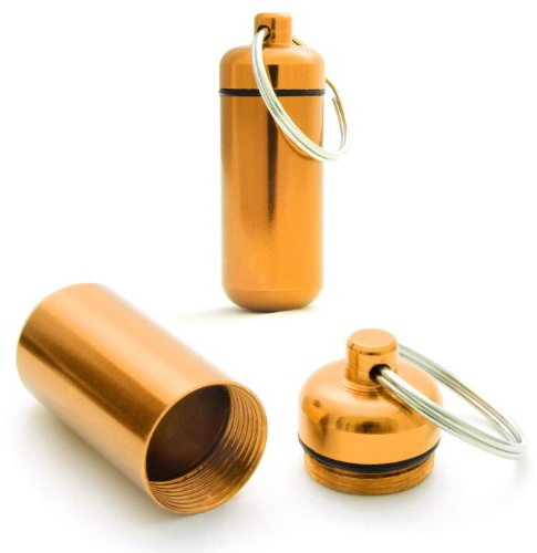 Ganzoo Pillen-Dose Schlüsselanhänger mini, 2er Set robuste Aluminium-Kapsel zur Aufbewahrung von Kleinteilen, wasserdicht mit Gummidichtung und Schraubverschluss, gelb/orange, 45mm hoch, Gewicht 10g