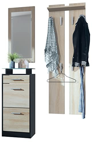 Vladon Garderobenset Garderobe Loret V2 Mini, Korpus in Schwarz matt/Front in Eiche sägerau