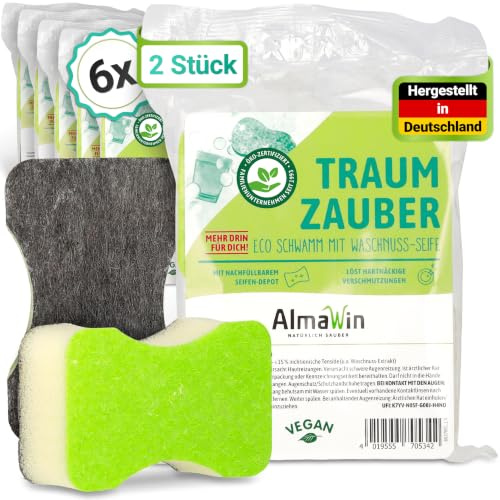 AlmaWin® Traumzauber Eco Schwamm [6X 2 Stück] - Spülschwamm mit Waschnuss-Seifendepot - Doppelseitiger Küchenschwamm für hartnäckigen Schmutz & schonende Reinigung - Topfreiniger Schwamm, VEGAN