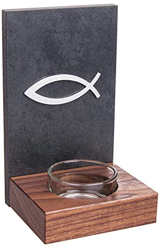 Weihkessel Stein-Nußbaum mit Fisch Edelstahl