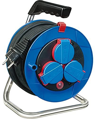 Brennenstuhl Garant enrollacables con alargador de 15 m, IP44 y 3 tomas de corriente (cable BREMAXX, para exteriores, con termostato, Made in Germany) azul