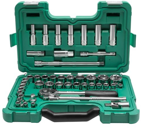 SATA ST09006SJ Juego de Llaves de Vaso SAE/Métricas de 6 Puntas con Impulsión de 1/2” mm con Carraca de Liberación Rápida y Adaptador de 3 Vías, 46 Piezas