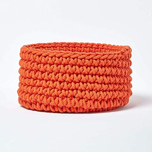 HOMESCAPES Burnt Orange Knitted Storage Basket Round W37 x H21cm 100% Cotton Fabric Basket Toys Basket Matching with Knitted Pouffes