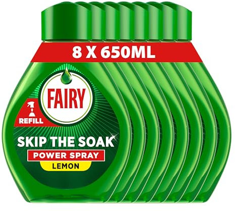 Fairy Skip the Soak Dish Power Spray Refills, Lemon, 8x650ml, Degreaser Spray for Dishes & Kitchen Surfaces