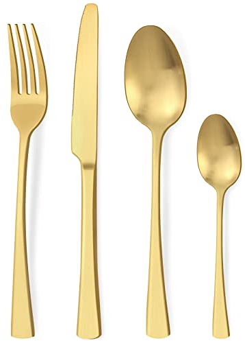 Bestdin Juego de cubiertos 24 piezas, set de cubiertos dorado mate para 6 personas, cubiertos de acero inoxidable pulido a espejo, juego de cuchillo, tenedor, cuchara, apto para lavavajillas
