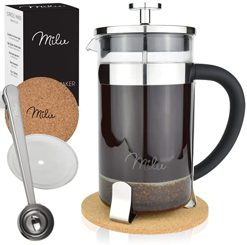 Milu Caffettiera francese Pressa per Caffè | 350ml 600ml 1L | Vetro French Press Caffettiera stantuffo (Acciaio inossidabile, 600ml (3 tazze)