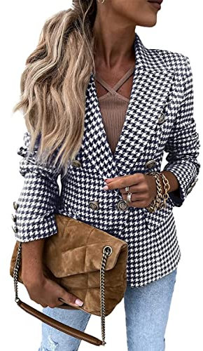 Onsoyours Veste Blazer Femme à Carreaux Élégant Manches Longues Slim Fit OL Bureau Affaires Veste De Costume Devant Ouvert Manteau Jacket C Marine M