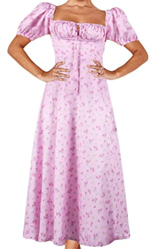 ORANDESIGNE Femme Robe Longue Boho Robe de Plage D'été Col Carré Manches Bouffantes Maxi Robes de Soirée Cocktail Sexy Casual A Rose Clair XXL