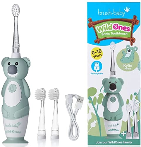Brush-Baby WildOnes Elektrische wiederaufladbare Zahnbürste für Kinder, Koala, 1 Griff, 3 Bürstenköpfe, USB-Ladekabel, für Kinder von 0-10 Jahren (Koala)