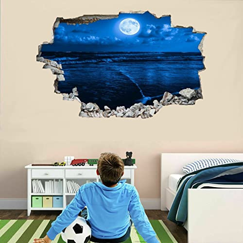 Mond 3D Durchbruch Wandtattoo Mädchen Kinderzimmer Nachtszene Wandaufkleber Dekorative Ozean Abnehmbare Wandsticker Wandaufkleber für Junge Teenager Zimmer Wohnzimmer Schlafzimmer Wandbilder Deko