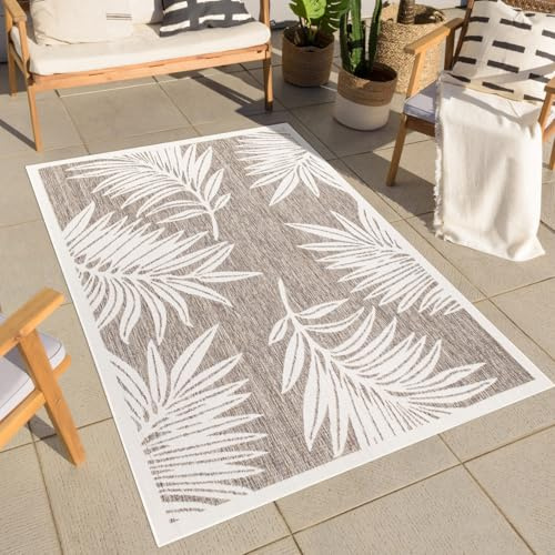 carpet city Teppich Outdoor Wetterfest - Beige - 150x150 cm Quadratisch- Palmen-Blätter - Balkon Teppich Wasserabweisend - In-& Outdoor Teppiche für Terrasse, Garten, Küche, Bad oder Wohnzimmer